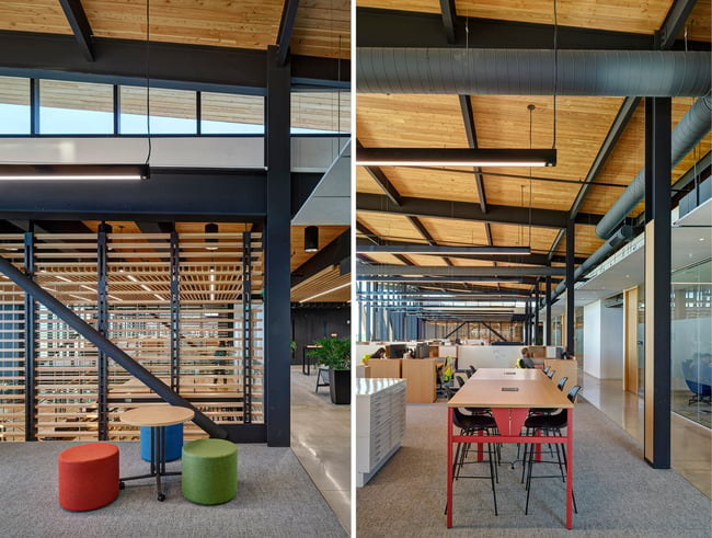 side-by-side image of a meeting space with high-top tables and one with stool seating