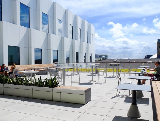 outdoor student gathering space at Voxman School of Music