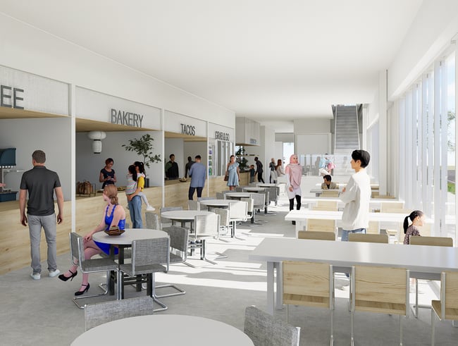 rendering of the food hall at Center at Sixth
