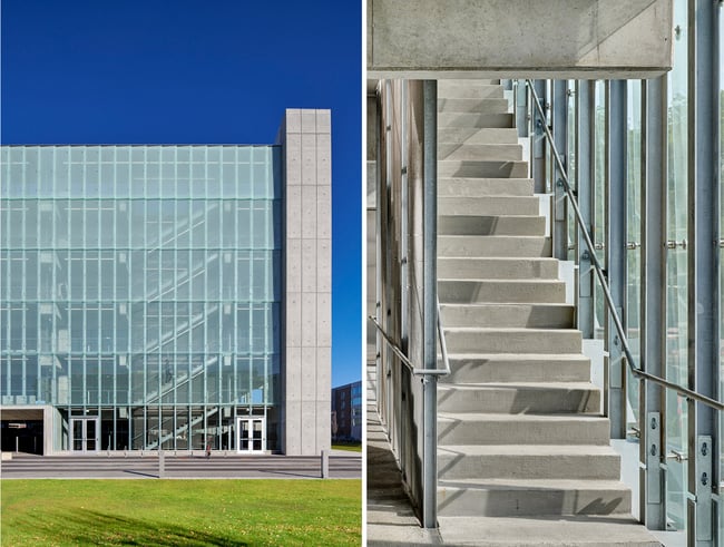 staircase in a parking garage along a curtain wall