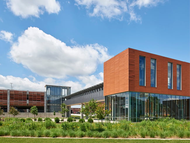 a parking structure with terracotta cladding