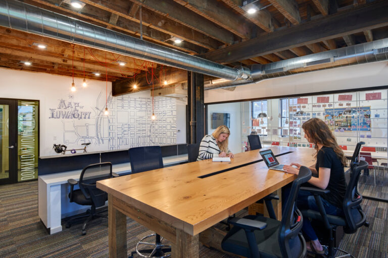 group of employees at a collaborative seating area