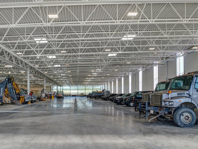 interior of a building with a steel column and beam structural system