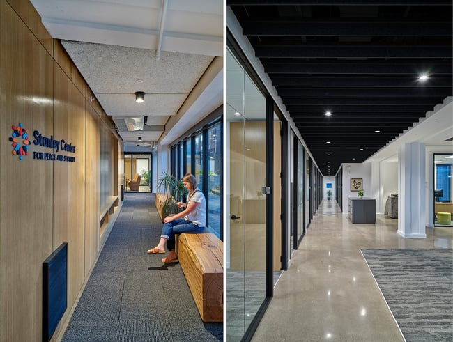 woman sitting in a building entrance with oak veneer paneling and a ceiling with felt baffles
