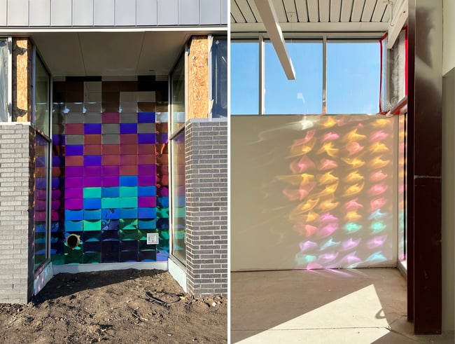colorful metal tiles reflecting into a classroom at the Pella Early Learning Center