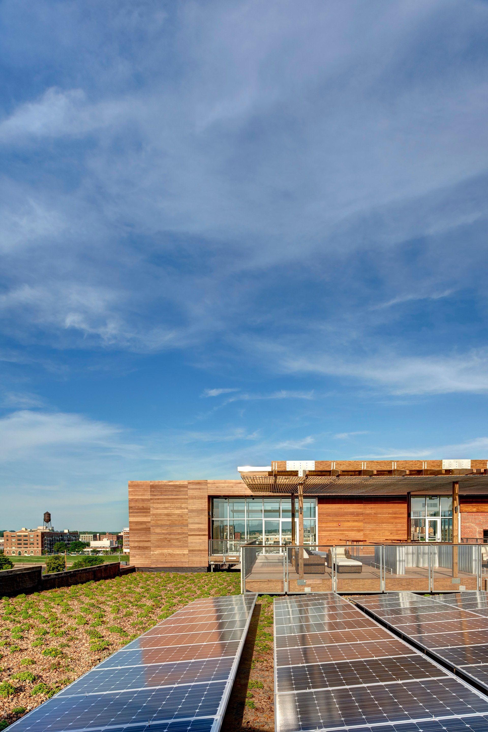 Solar panels on a green roof 