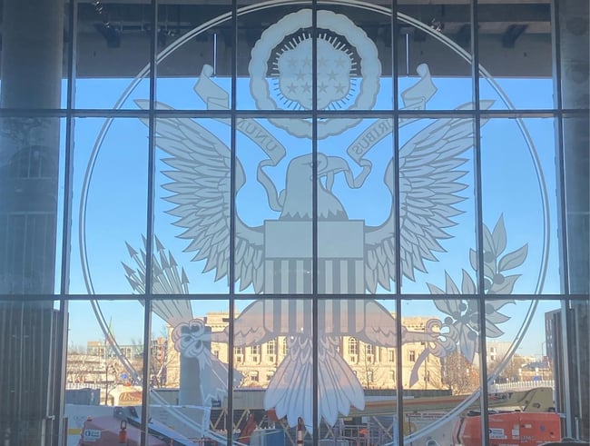 decal of a bald eagle at the entrance of the US District Courthouse