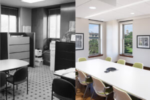 before and after of a renovated workspace